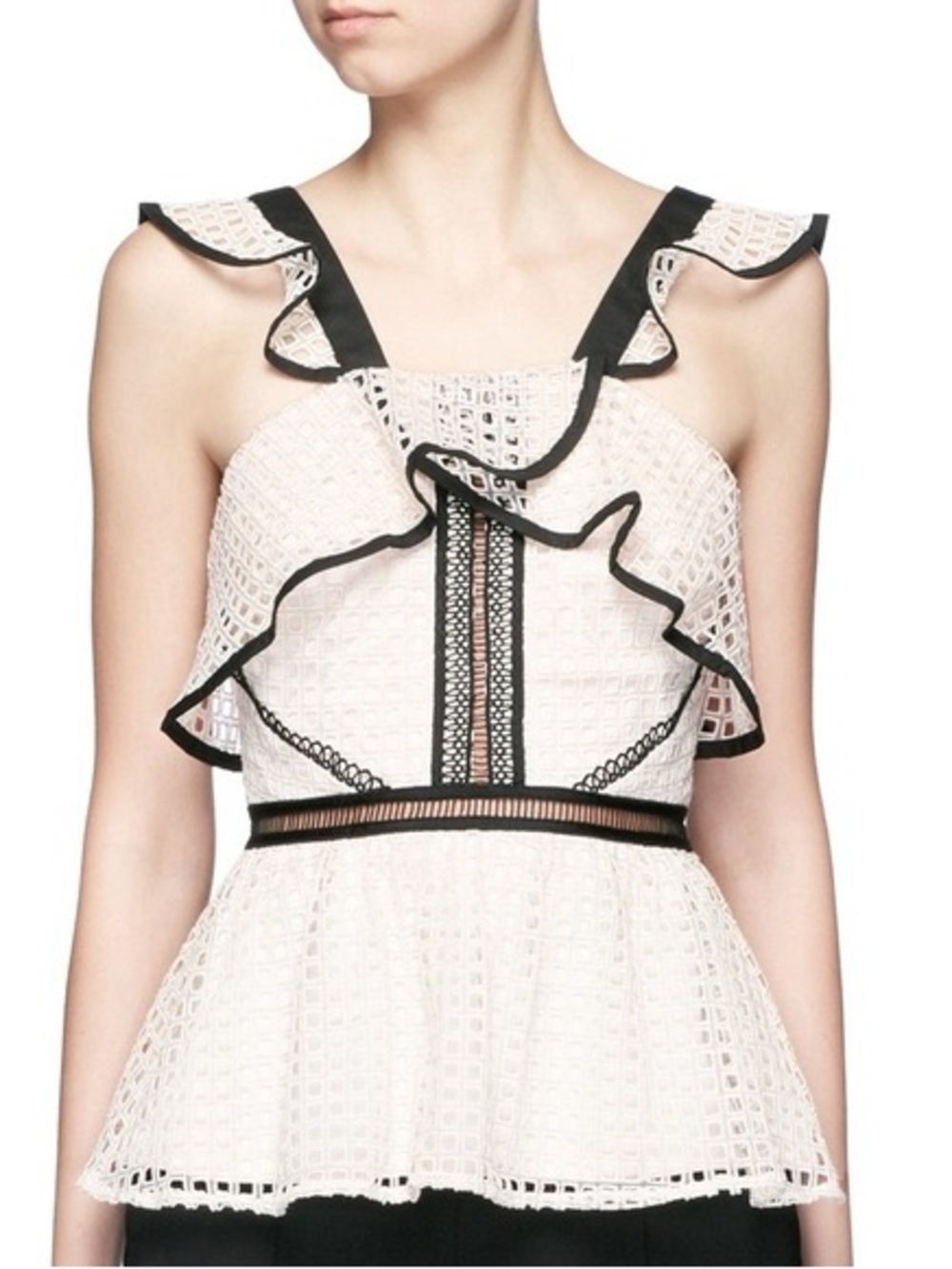 Self-Portrait White Eyelet Peplum Top with Black Trim